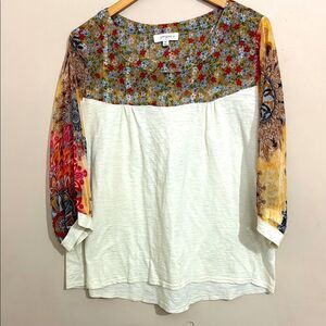 Umgee Women's Plus Size Mixed Media Sheer Printed Sleeves size 1X Boho Spring